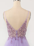 A Line Grey Blue Glitter Tulle Long Prom Dress