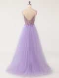 A Line Grey Blue Glitter Tulle Long Prom Dress