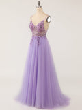 A Line Grey Blue Glitter Tulle Long Prom Dress