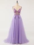 A Line Grey Blue Glitter Tulle Long Prom Dress