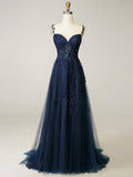 A Line Navy Straps Lace Long Prom Dress