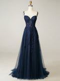 A Line Lilac Straps Lace Long Prom Dress