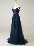 A Line Lilac Straps Lace Long Prom Dress