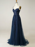 A Line Navy Straps Lace Long Prom Dress