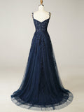 A Line Lilac Straps Lace Long Prom Dress