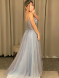 A Line Grey Blue Glitter Tulle Long Prom Dress