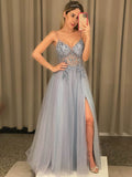 A Line Grey Blue Glitter Tulle Long Prom Dress