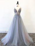 A Line Grey Blue Glitter Tulle Long Prom Dress