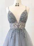 A Line Grey Blue Glitter Tulle Long Prom Dress