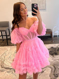 A-Line Blue V Neck Ruffles Short Homecoming Dress