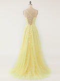 Yellow A Line Spaghetti Straps Lace Long Prom Dress