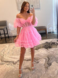 A-Line Blue V Neck Ruffles Short Homecoming Dress