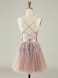 A Line Applique Pink Tulle Short Homecoming Dress
