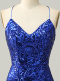 Royal Blue Sequins Spaghetti Straps Bodycon Short Homecoming Dress