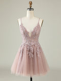 A Line Applique Pink Tulle Short Homecoming Dress