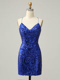 Royal Blue Sequins Spaghetti Straps Bodycon Short Homecoming Dress
