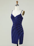 Blue Sequins V Neck Short Homecoming Dress