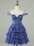 Dark Blue A-Line Sweetheart Neckline Tiered Short Homecoming Dress