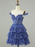 Dark Blue A-Line Sweetheart Neckline Tiered Short Homecoming Dress