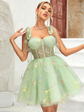 A-Line Green Corset Short Homecoming Dress with Embroidery