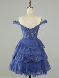 Dark Blue A-Line Sweetheart Neckline Tiered Short Homecoming Dress