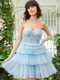 A-Line Sky Blue Off The Shoulder Lace Homecoming Dress