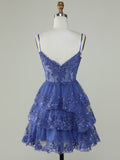 Purple A-Line V Neck Tiered Short Homecoming Dress