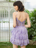Purple A-Line V Neck Tiered Short Homecoming Dress