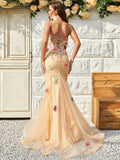 Champagne V Neck A-Line Backless Long Prom Dress with 3D Flowers