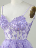 Purple A-Line V Neck Tiered Short Homecoming Dress