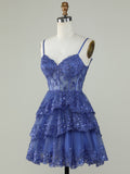Purple A-Line V Neck Tiered Short Homecoming Dress
