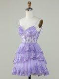 Purple A-Line V Neck Tiered Short Homecoming Dress