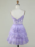 Purple A-Line V Neck Tiered Short Homecoming Dress