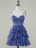 Purple A-Line V Neck Tiered Short Homecoming Dress