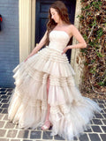Beige A-Line Strapless Off The Shoulder Tiered Long Prom Dress