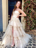 Beige A-Line Strapless Off The Shoulder Tiered Long Prom Dress