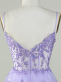 Purple A-Line V Neck Tiered Short Homecoming Dress