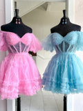 A-Line Blue V Neck Ruffles Short Homecoming Dress