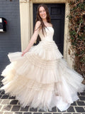 Beige A-Line Strapless Off The Shoulder Tiered Long Prom Dress
