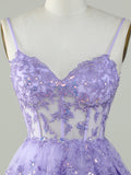 Purple A-Line V Neck Tiered Short Homecoming Dress