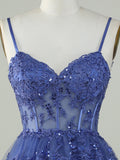 Purple A-Line V Neck Tiered Short Homecoming Dress