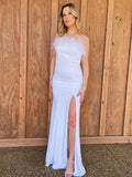 White Feather Long Prom Dress With Slit