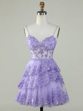 Purple A-Line V Neck Tiered Short Homecoming Dress