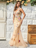 Champagne V Neck A-Line Backless Long Prom Dress with 3D Flowers