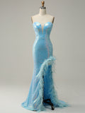 Light Blue Feather Long Prom Dress With Slit
