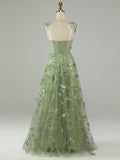 Green Corset Long Tulle Prom Dress with 3D Butterflies