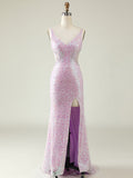 Sparkly Mermaid Lilac Long Prom Dress with Slit