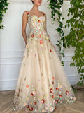 Champagne A Line Embroidery Long Prom Dress With 3D Flowers