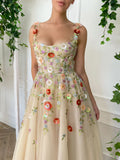Champagne A Line Embroidery Long Prom Dress With 3D Flowers
