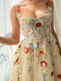 Champagne A Line Embroidery Long Prom Dress With 3D Flowers